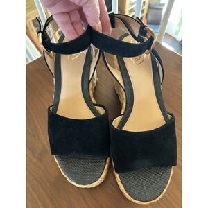 Sam Edelman Black Suede Platform Wedge Sandals Woven Raffia Ankle Strap Size 10